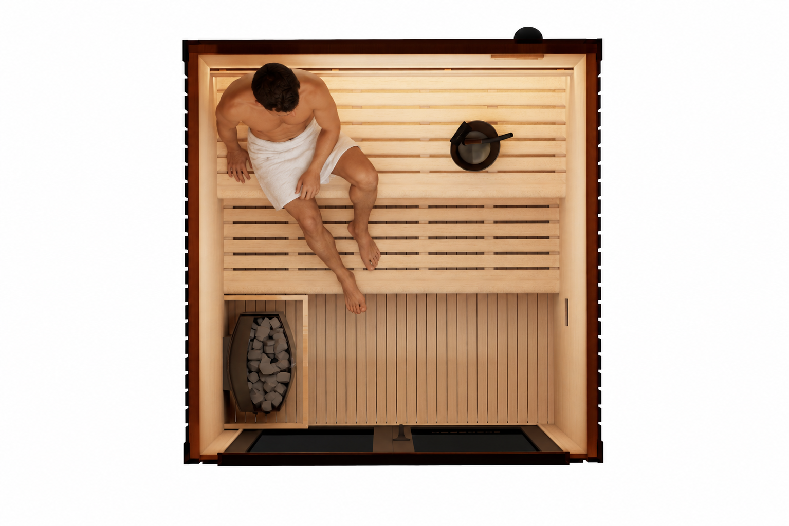 2–3 person outdoor traditional sauna overhead view with a man relaxing inside, featuring premium Canadian Hemlock interior, tinted glass, ambient LED lighting, and architectural aluminium exterior.