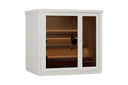 Nordhaus outdoor sauna cabinet in white with glass doors showing warm interior lighting and wooden sauna panels inside, isolated on a white background.