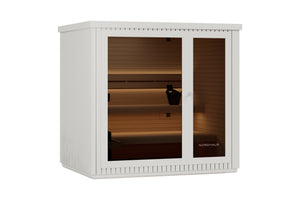 Nordhaus outdoor sauna cabinet in white with glass doors showing warm interior lighting and wooden sauna panels inside, isolated on a white background.