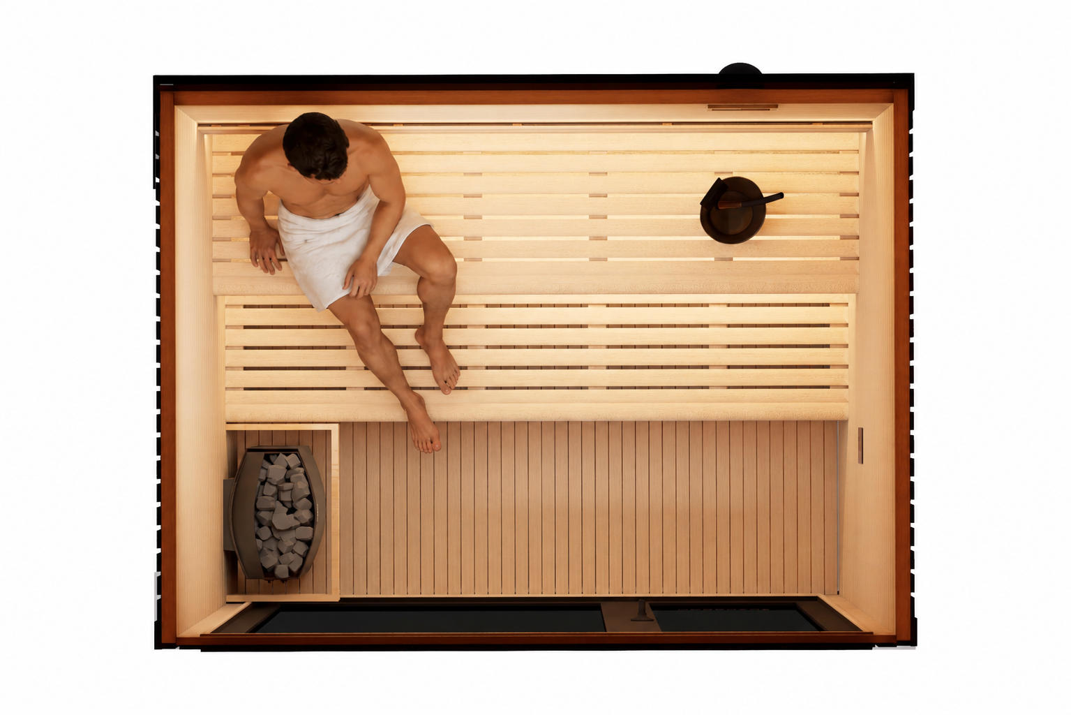 Top-down view of a 4–5 person outdoor traditional sauna with dual-level timber bench seating, Harvia-style heater with sauna stones, natural Canadian Hemlock interior, and a man relaxing inside wrapped in a white towel. Modern rectangular sauna layout with spacious floor area and premium minimalist design.