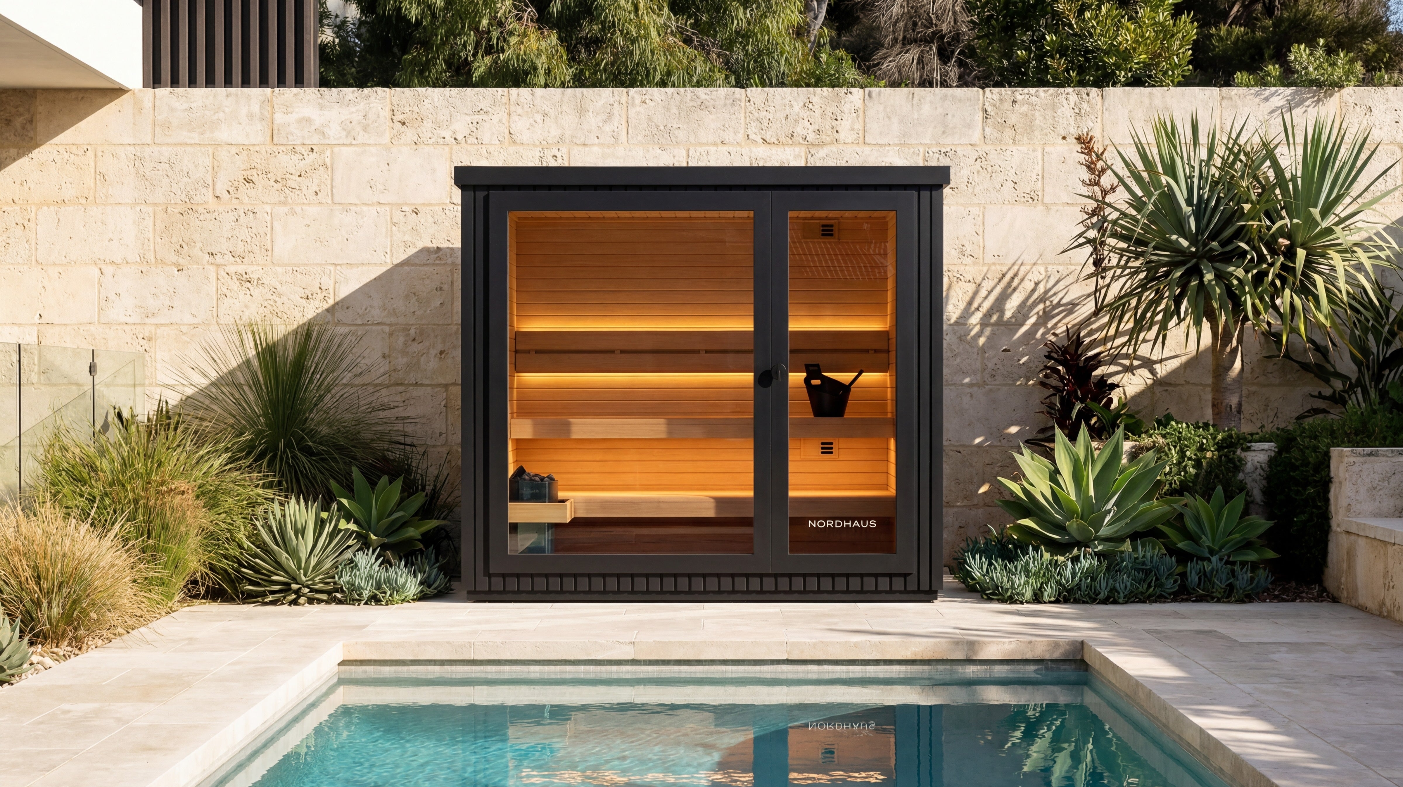 Outdoor sauna with wooden interior next to a pool