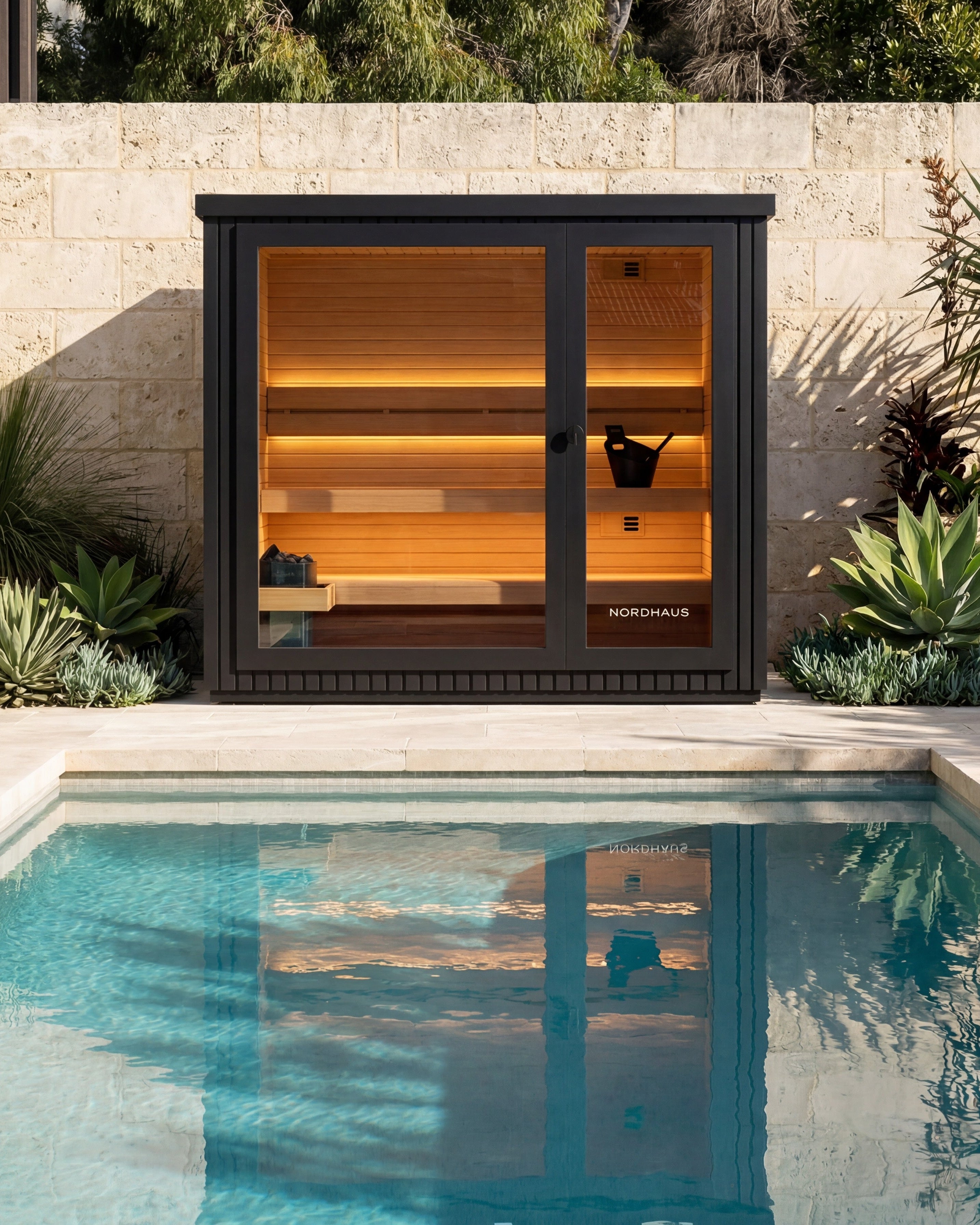 Outdoor sauna with wooden interior next to a pool