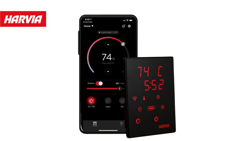 Two digital displays showing temperature and time, with Harvia branding.