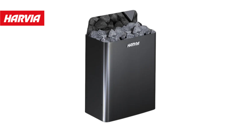 Harvia electric sauna heater installed inside traditional sauna