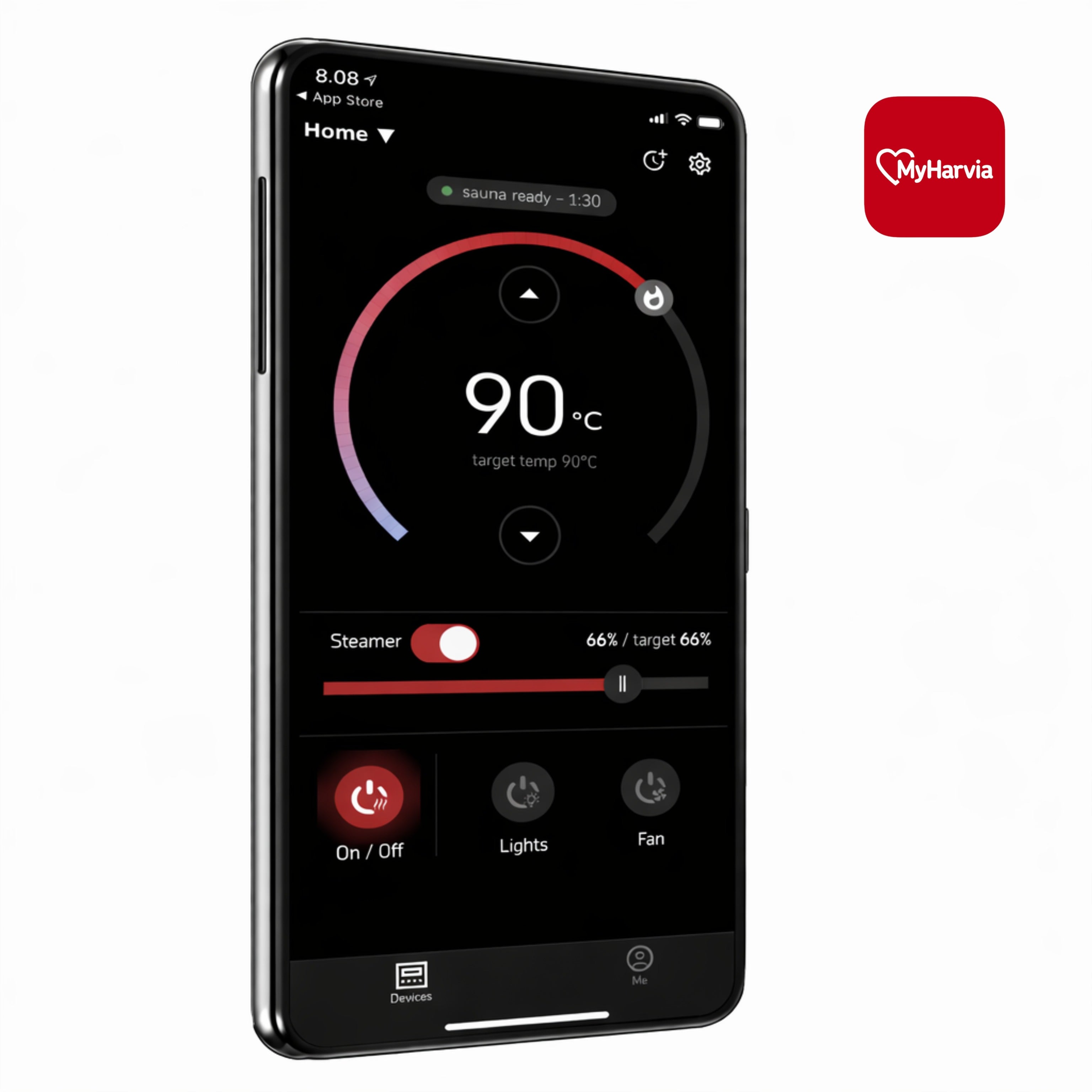 Smartphone displaying a home appliance control app with MyHarvia logo.