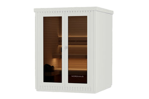 Nordhaus white wooden sauna cabinet with glass doors, showing warm interior lighting and wooden shelves, isolated on a white background.