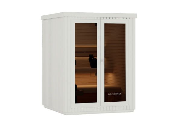 Nordhaus outdoor sauna cabinet in white with double glass doors showing warm wooden interior, isolated on a white background.