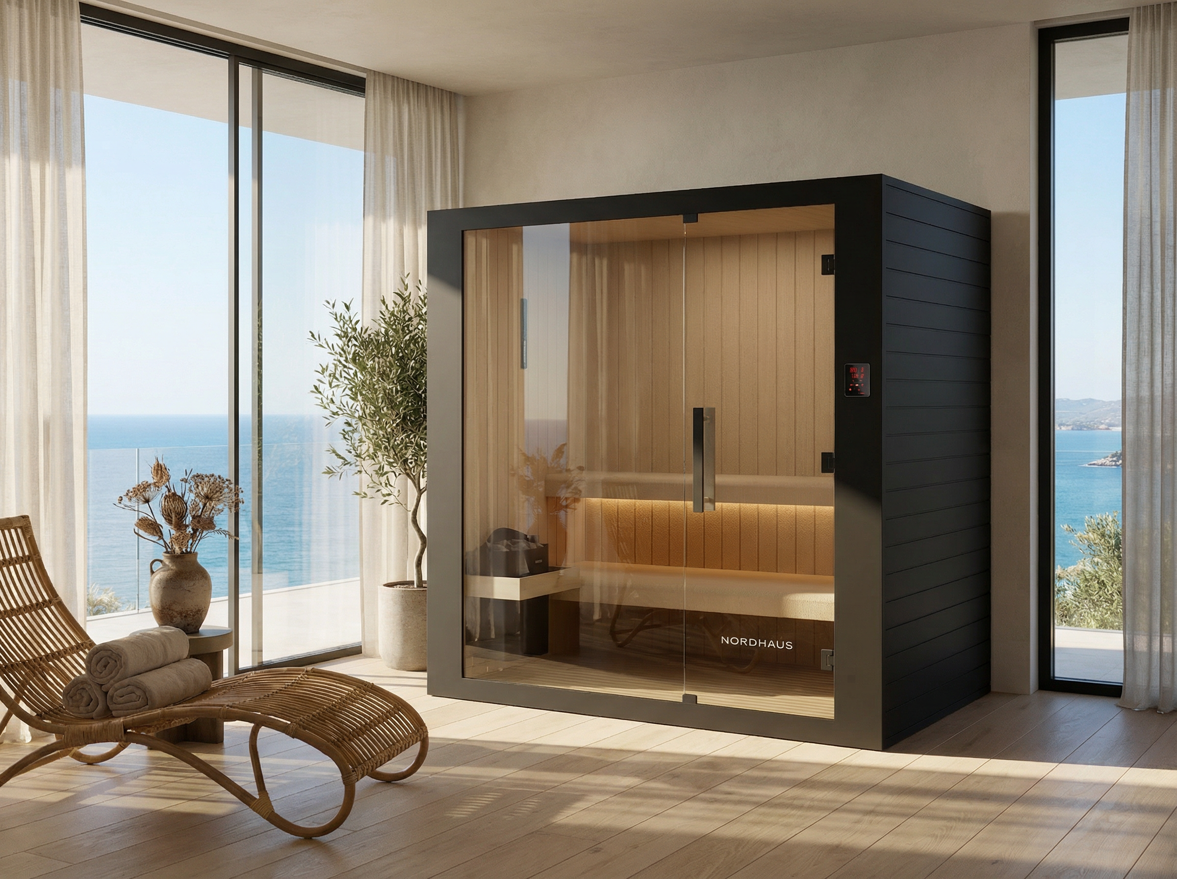 Modern indoor sauna with ocean view through large windows