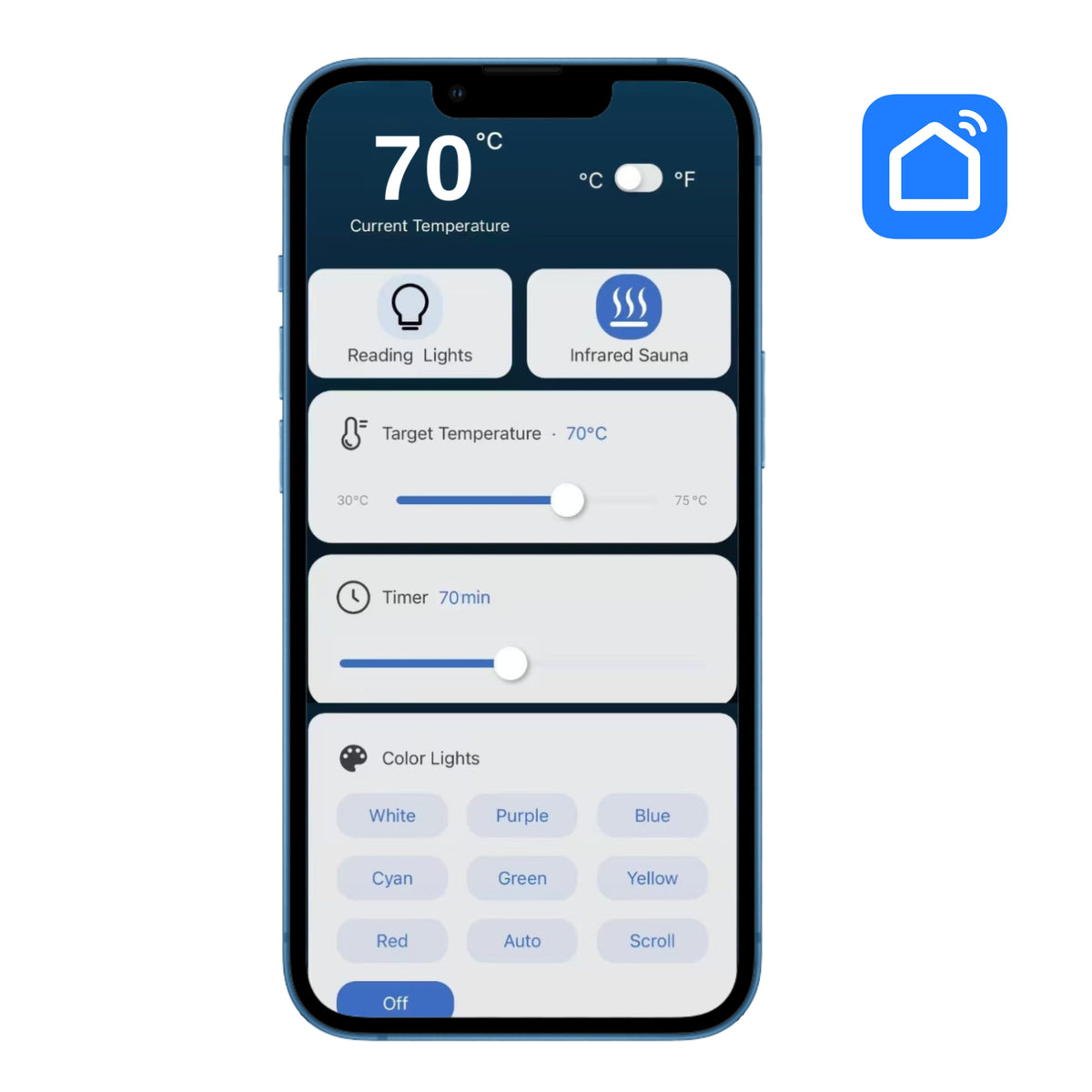 Smart home app interface on a smartphone with temperature control and lighting options.