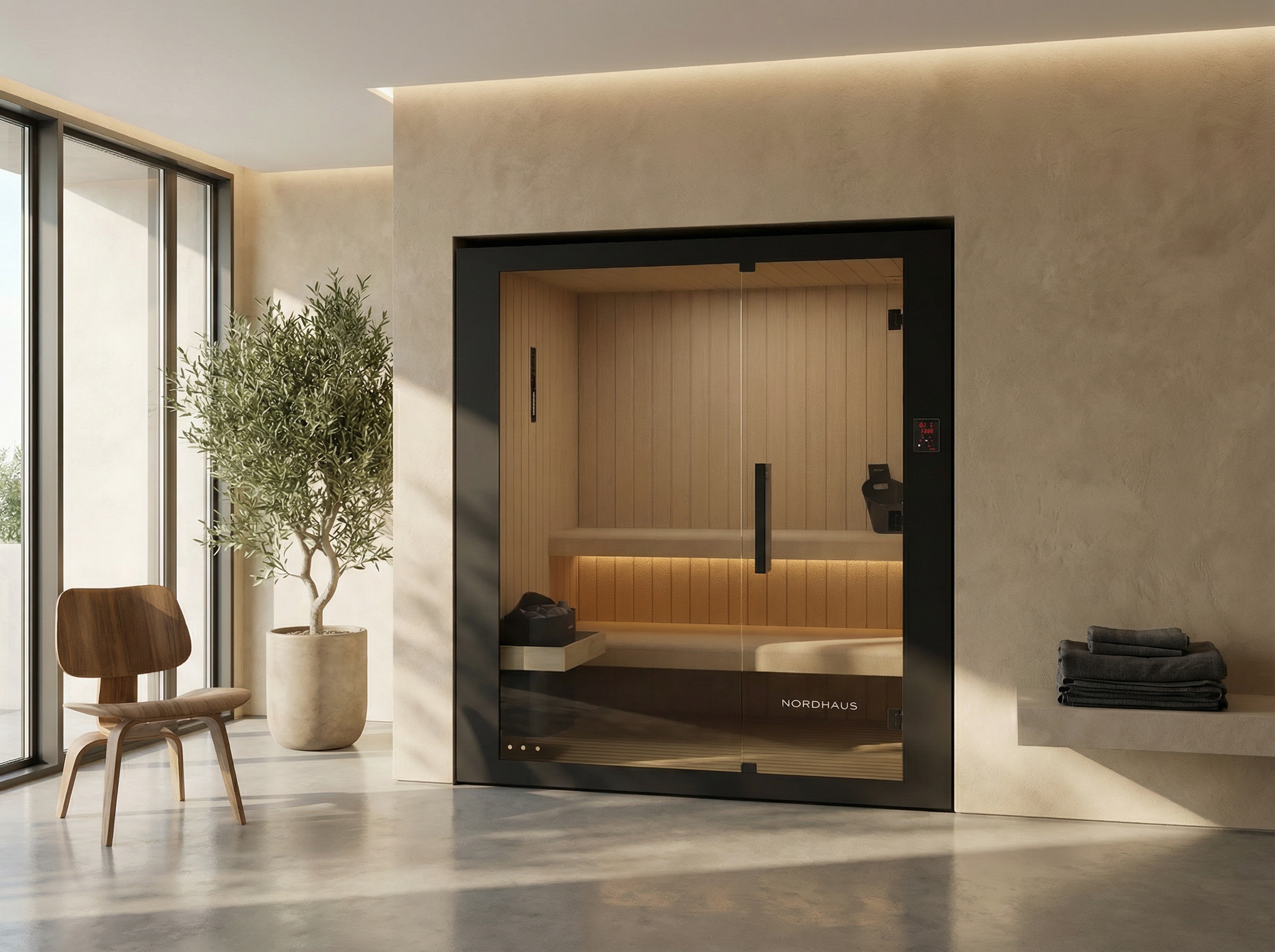Nordhaus premium traditional sauna with WiFi control and tiered bench seating